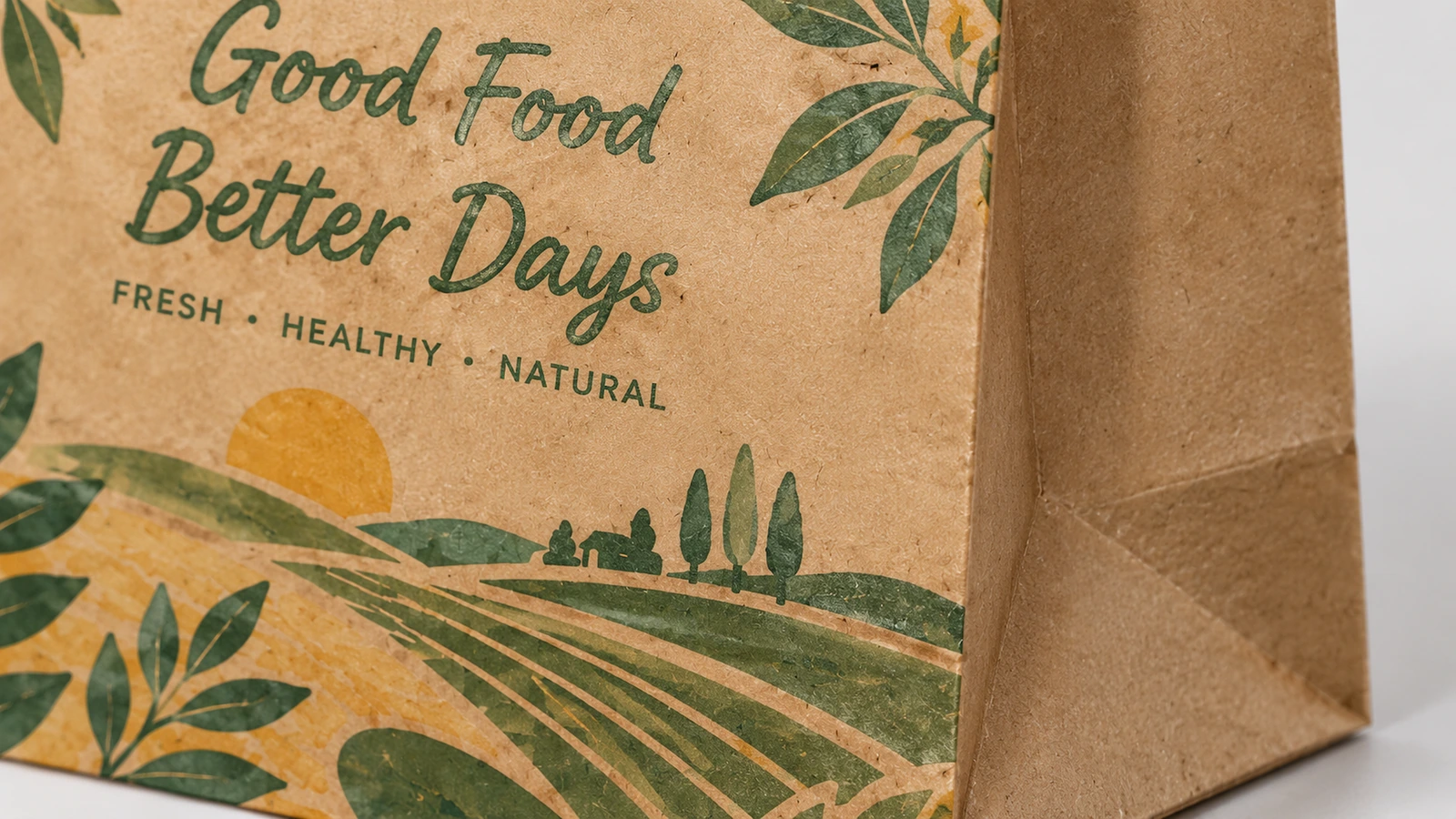 Nadrukowana powierzchnia brązowego papieru Zbliżenie na napis Good Food Better Days oraz wiejską grafikę na brązowym papierze