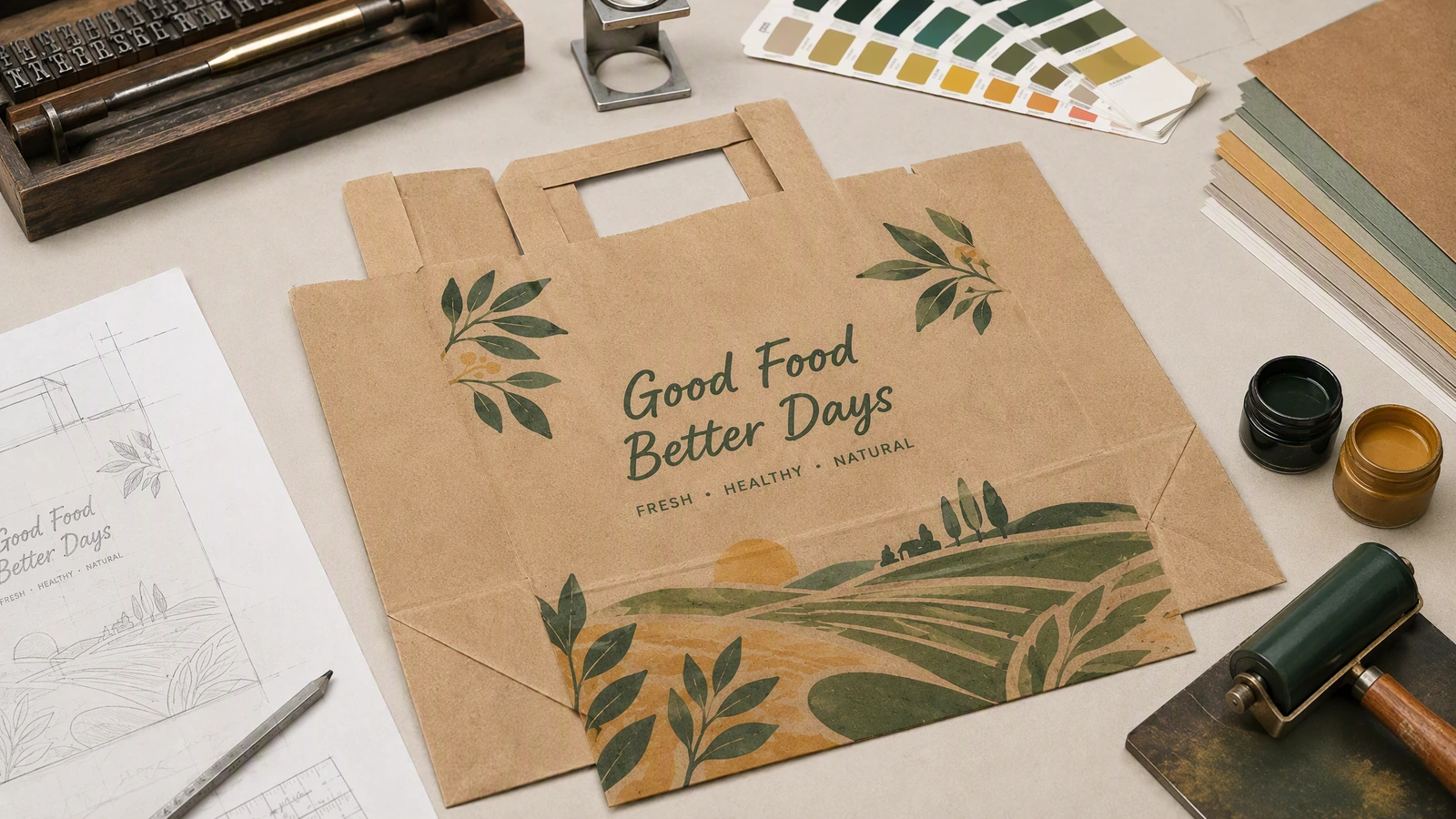 Grafika torby z płaskimi uchwytami i materiały drukarskie Płaska brązowa torba papierowa z grafiką Good Food Better Days obok rysunku, tuszów i próbek kolorów