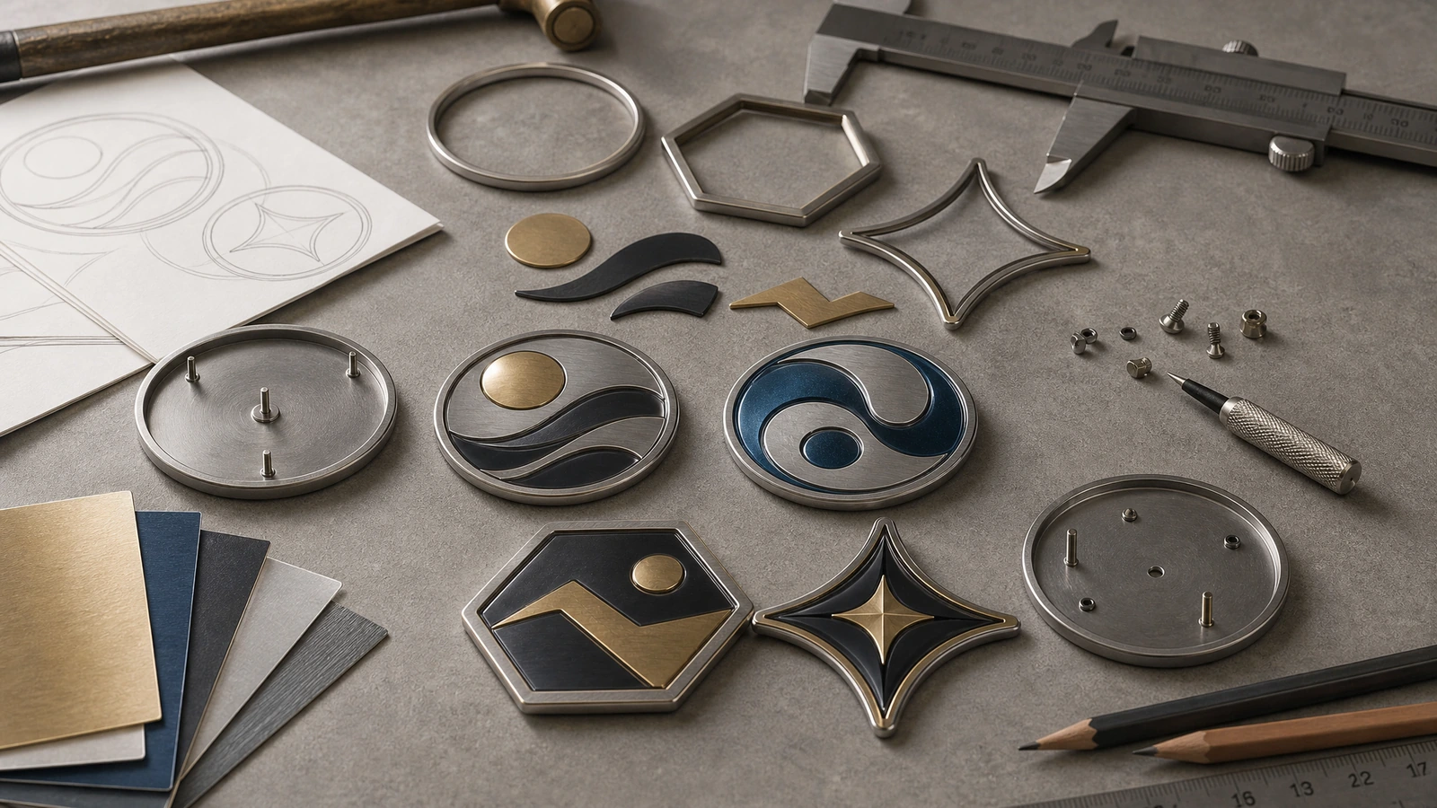 Projekty emblematów i narzędzia warsztatowe Okrągłe, sześciokątne i czteropunktowe emblematy w wyglądzie metalu, ułożone wraz ze szkicami, narzędziami i próbnikami kolorów