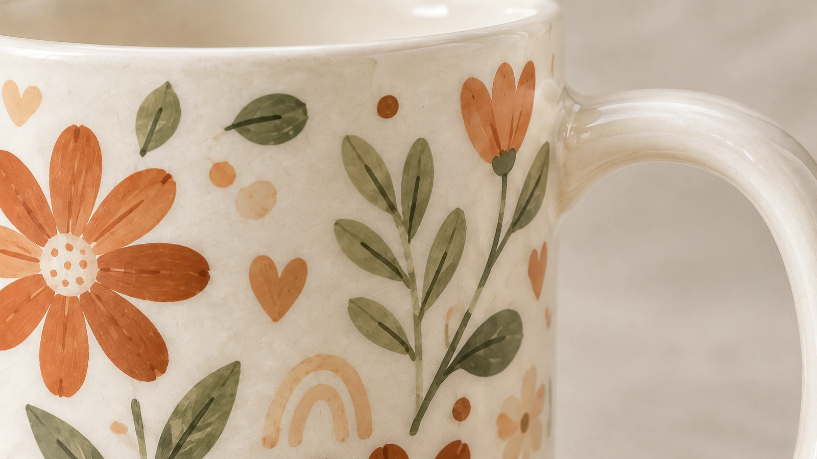 Zbliżenie pomarańczowych kwiatów, zielonych liści i zakrzywionego uchwytu na ceramicznym kubku