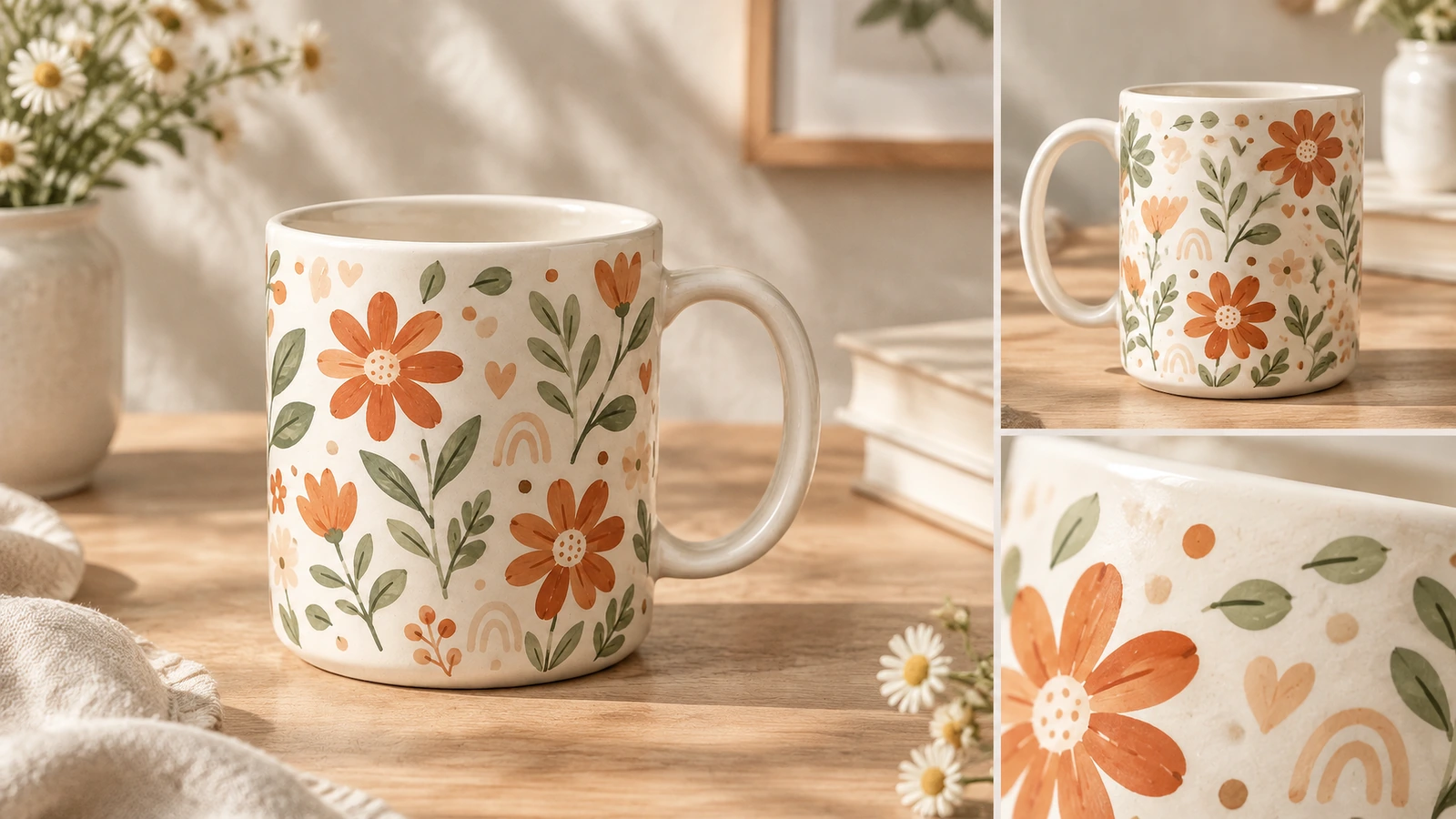 Kolaż widoków kwiatowego kubka ceramicznego i zbliżeń detali zdobienia
