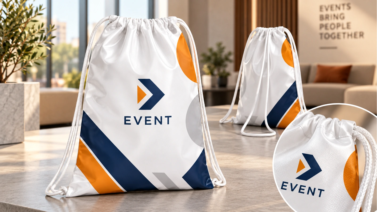 Ekspozycja toreb na wydarzenie i szczegół zamknięcia Torby ze sznurkiem na wydarzenie wyeksponowane w pomieszczeniu z wstawionym zbliżeniem zamknięcia