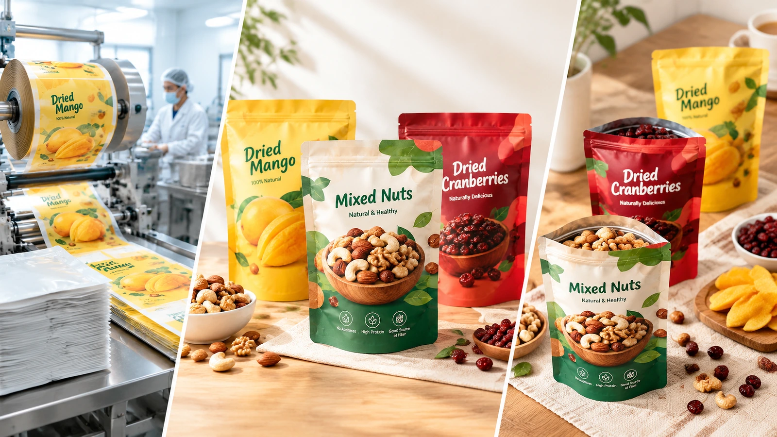 Kolaż linii produkcyjnej nadrukowanej folii i gotowych saszetek na przekąski