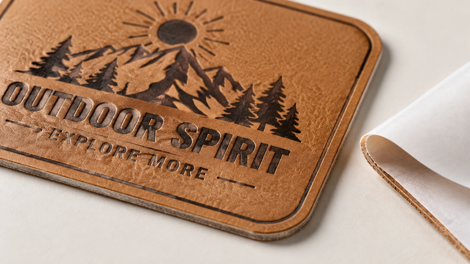 Zbliżenie na teksturowaną brązową etykietę ze skóry PU z górskim logo Outdoor Spirit