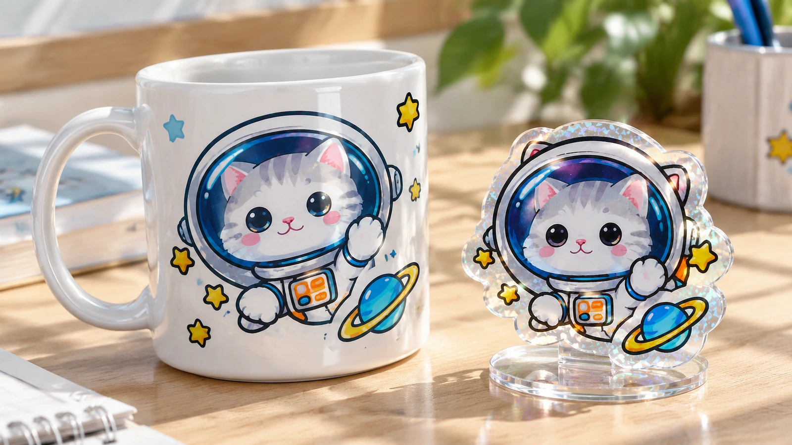 Motyw kota-astronauty na kubku i stojaku ekspozycyjnym Motyw kota-astronauty na białym kubku obok pasującego wyciętego wzoru wyeksponowanego na przezroczystym stojaku