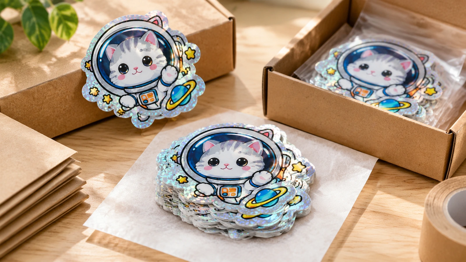 Naklejki z kotem-astronautą w opakowaniu z papieru pakowego Naklejki z kotem-astronautą ułożone obok opakowania z papieru pakowego, ze stosem naklejek na bibułce i zapakowanymi naklejkami w otwartym pudełku