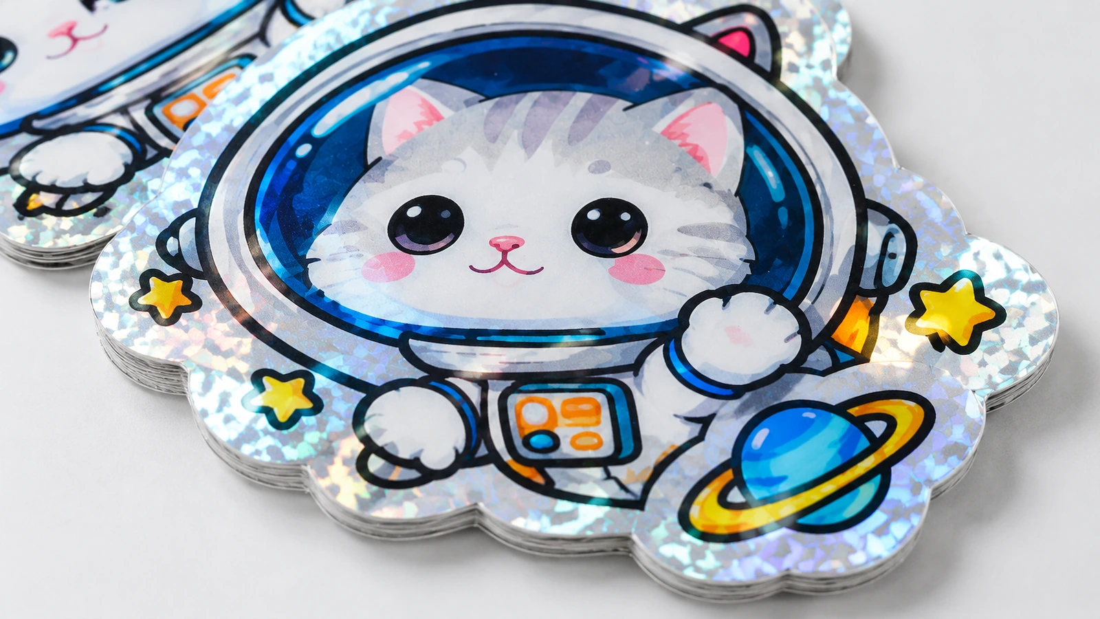 Zbliżenie na grafikę naklejki z kotem-astronautą Zbliżenie na ułożone naklejki z kotem-astronautą, z błyszczącym wzorzystym obramowaniem, gwiazdami i niebieską planetą z pierścieniem