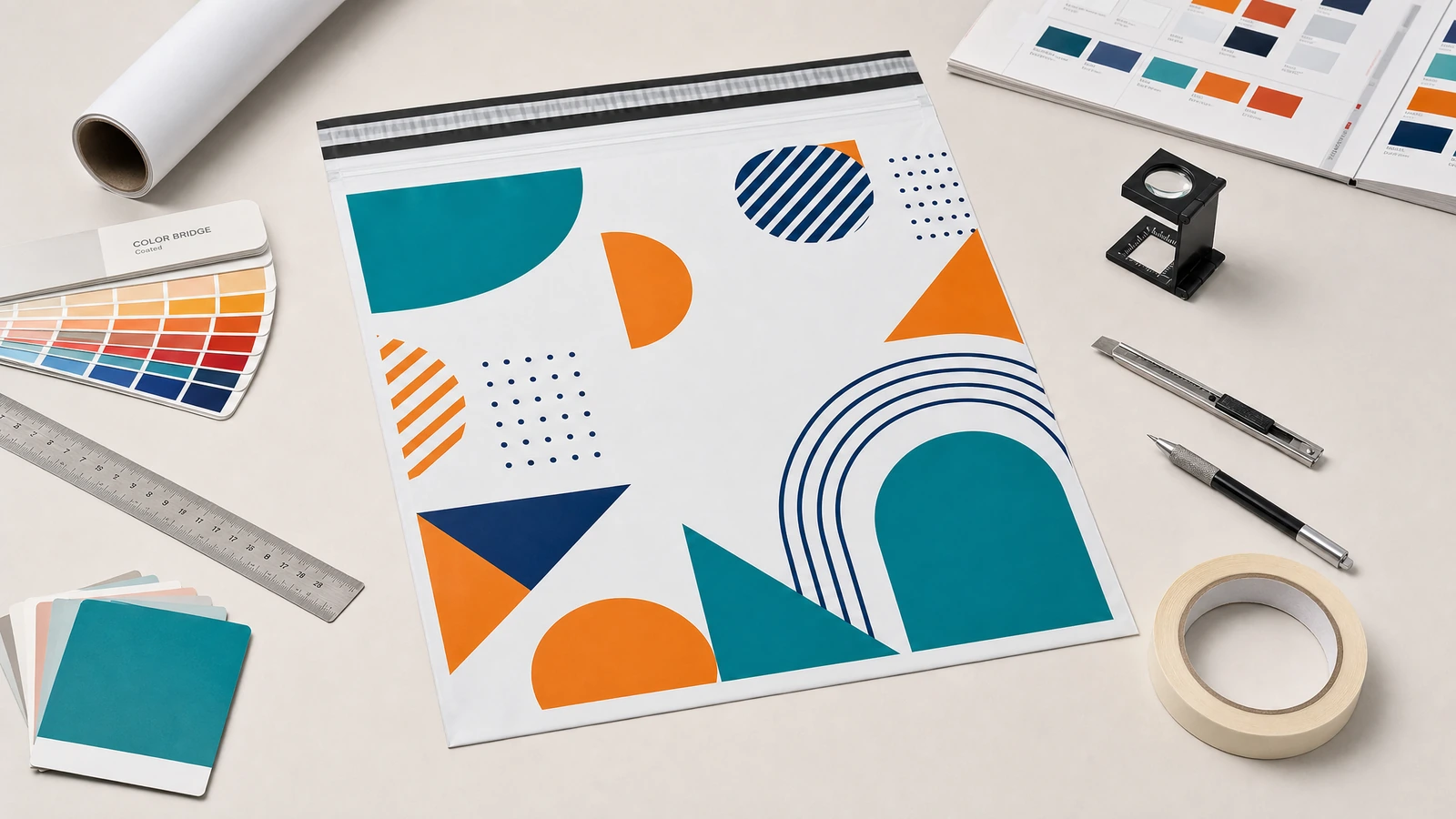 Ilustracja koperty z geometrycznym nadrukiem obok próbek kolorów, linijki i narzędzi graficznych