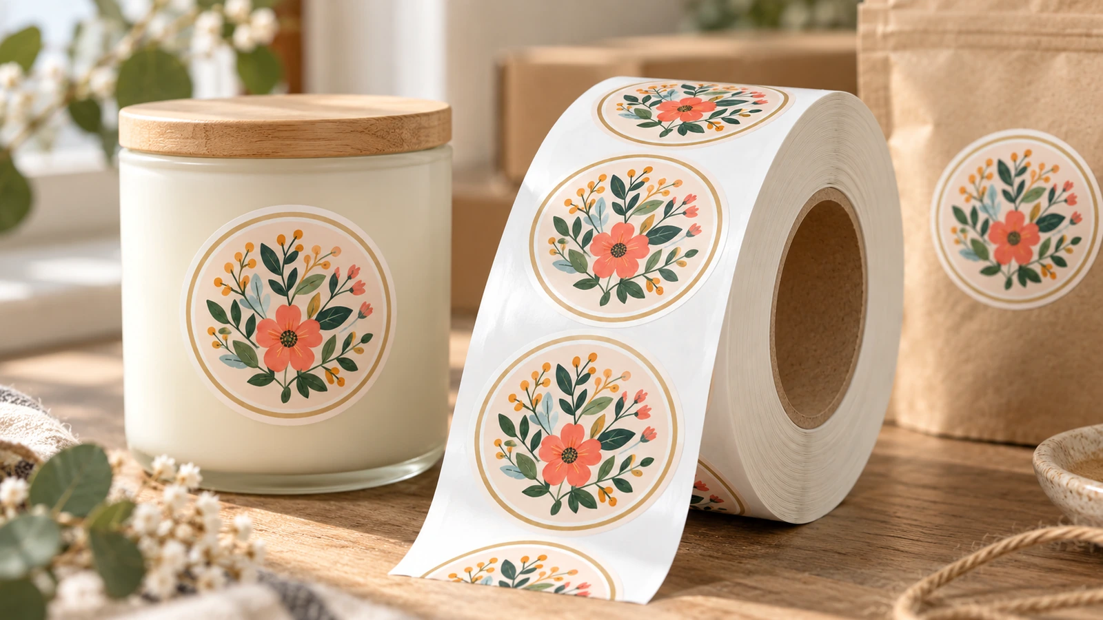 Rolka kwiatowych etykiet obok słoika ze świecą i torebki z papieru kraft z pasującymi okrągłymi etykietami