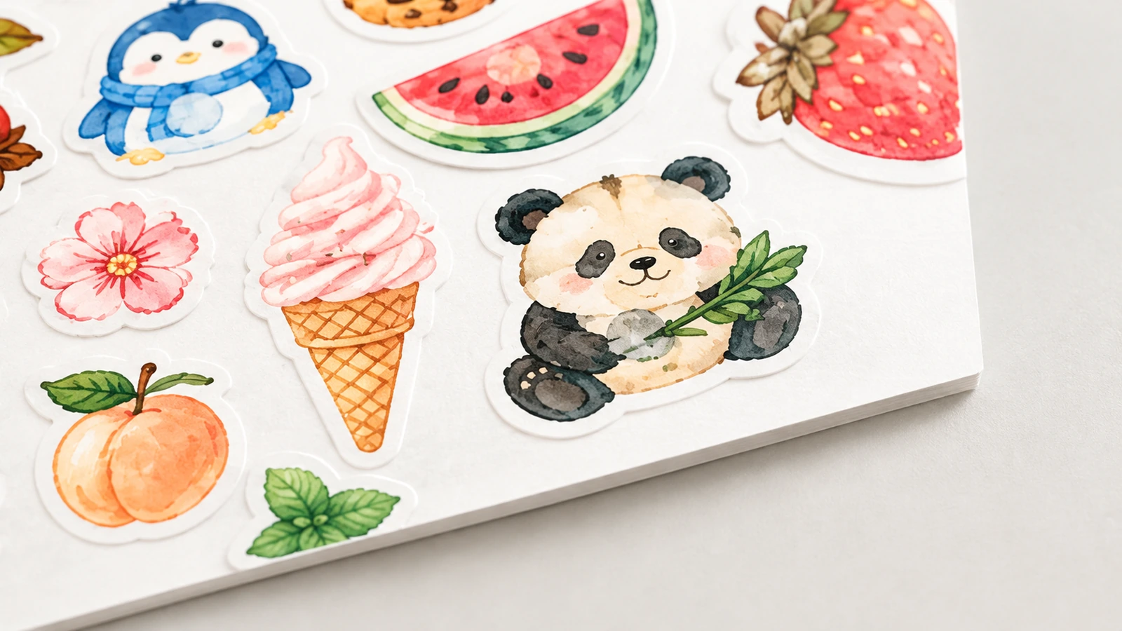 Zbliżenie arkusza naklejek z ilustracjami pandy, lodów, owoców i kwiatów oraz ciętych krawędzi
