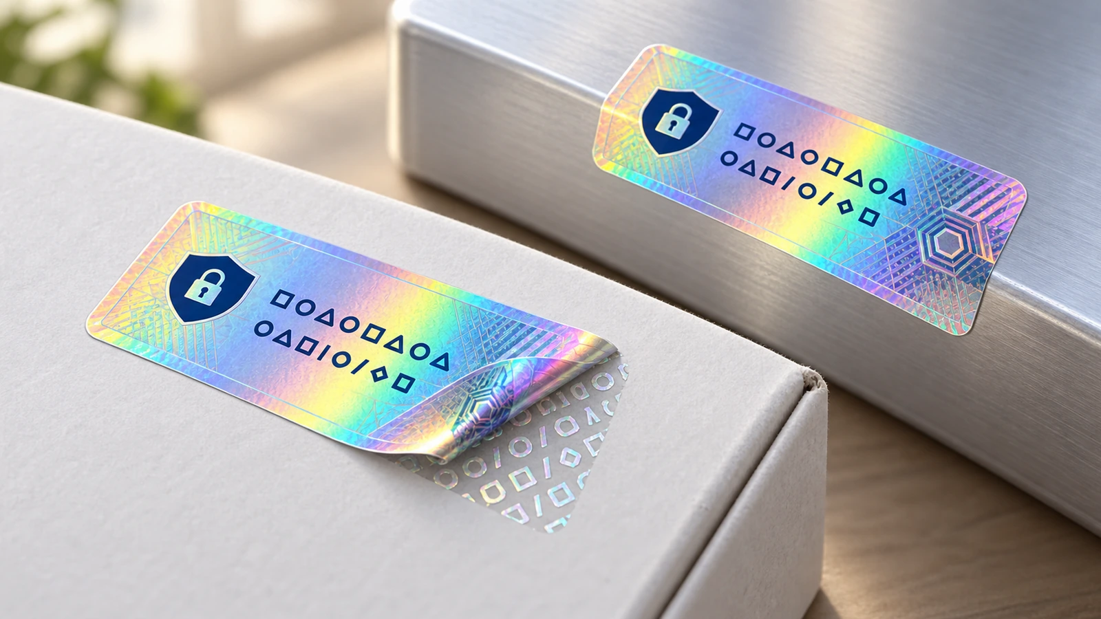 Hologramowe etykiety zabezpieczające na szarym kartonie i metalowej powierzchni, z jedną etykietą odwiniętą, aby odsłonić wzór
