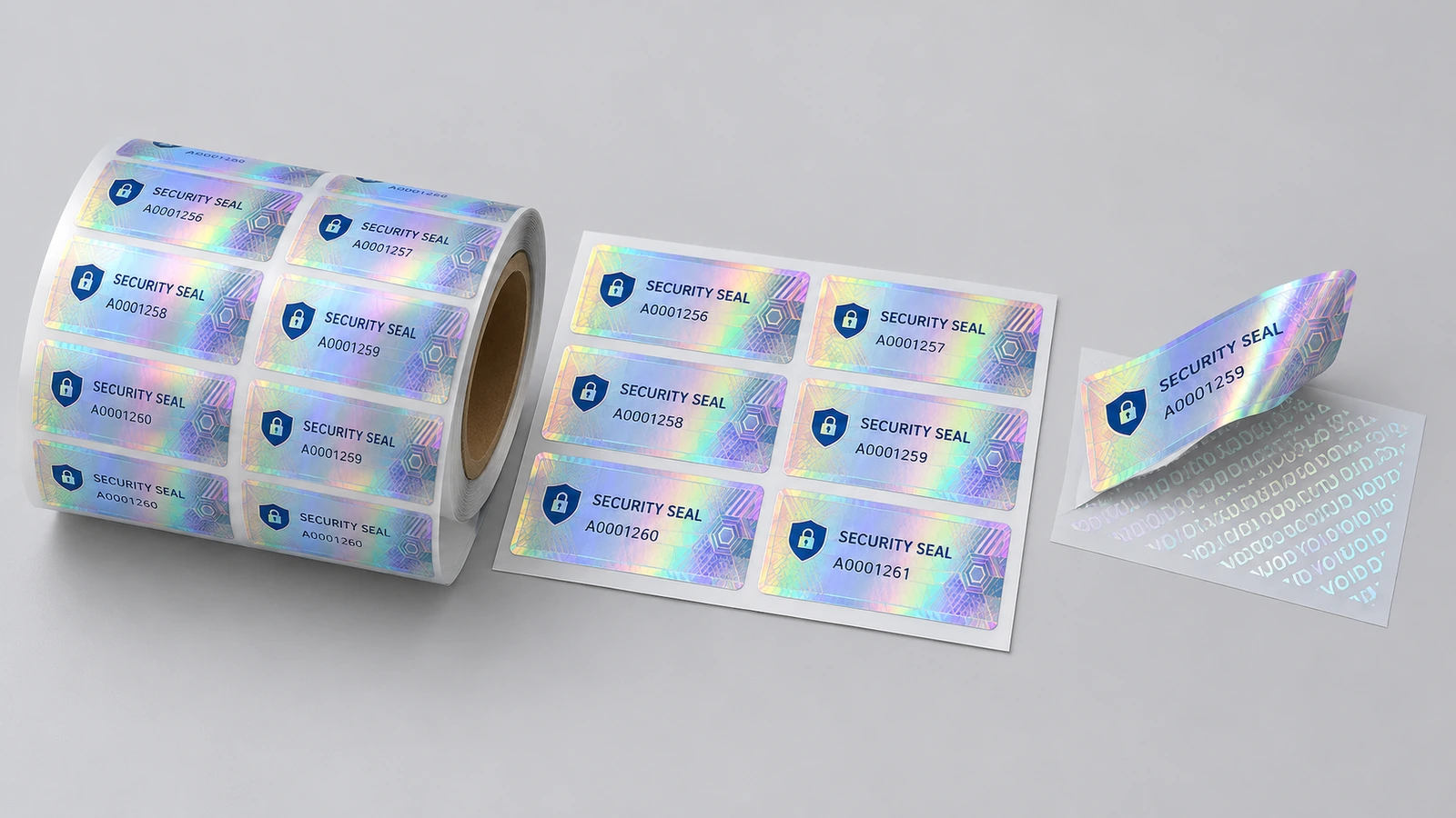Rolki i arkusz hologramowych etykiet zabezpieczających obok uniesionej etykiety ukazującej wzór VOID