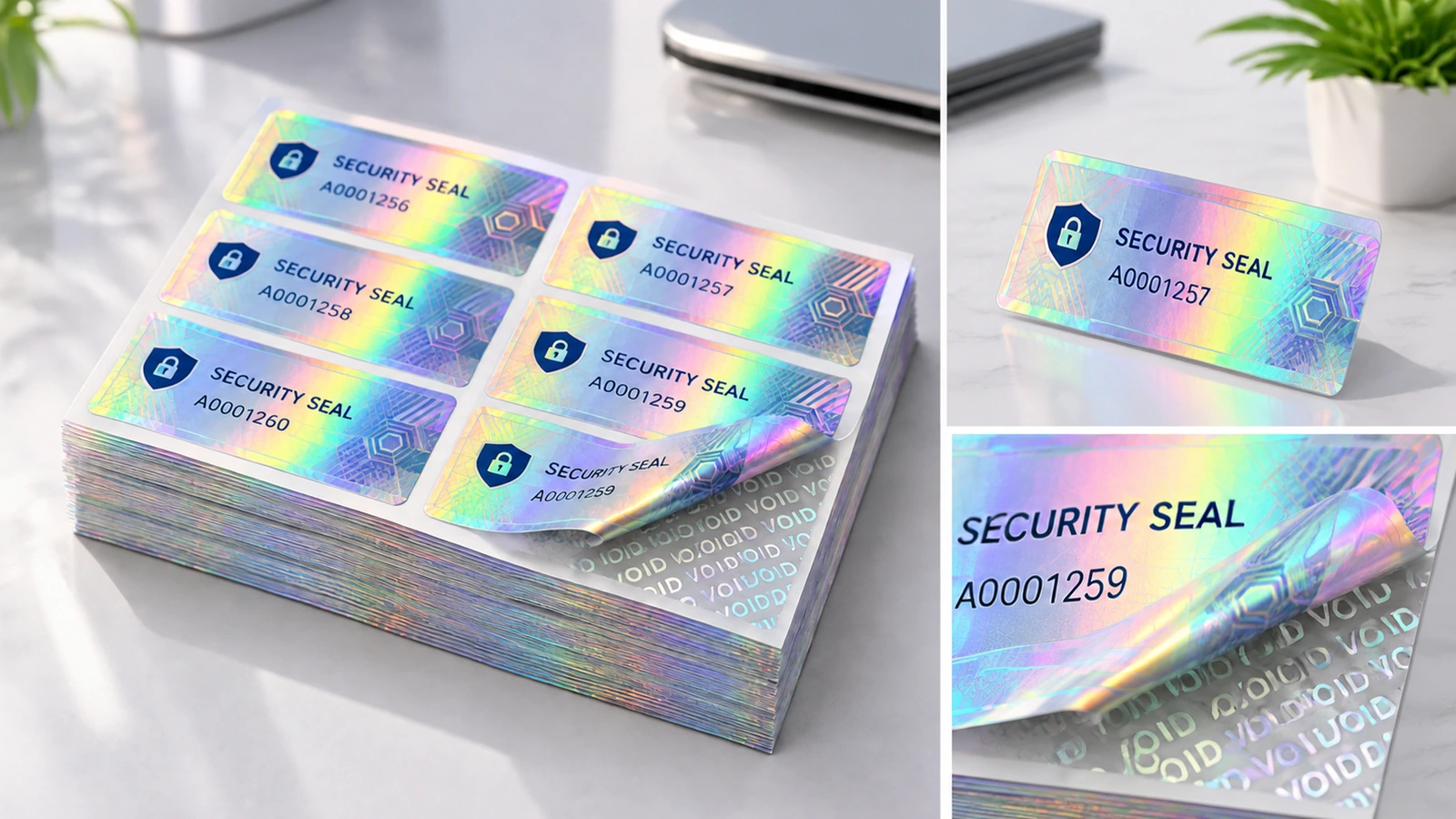 Kolaż arkuszy hologramowych etykiet zabezpieczających, pojedynczej ponumerowanej etykiety i zbliżenia na odklejony róg VOID