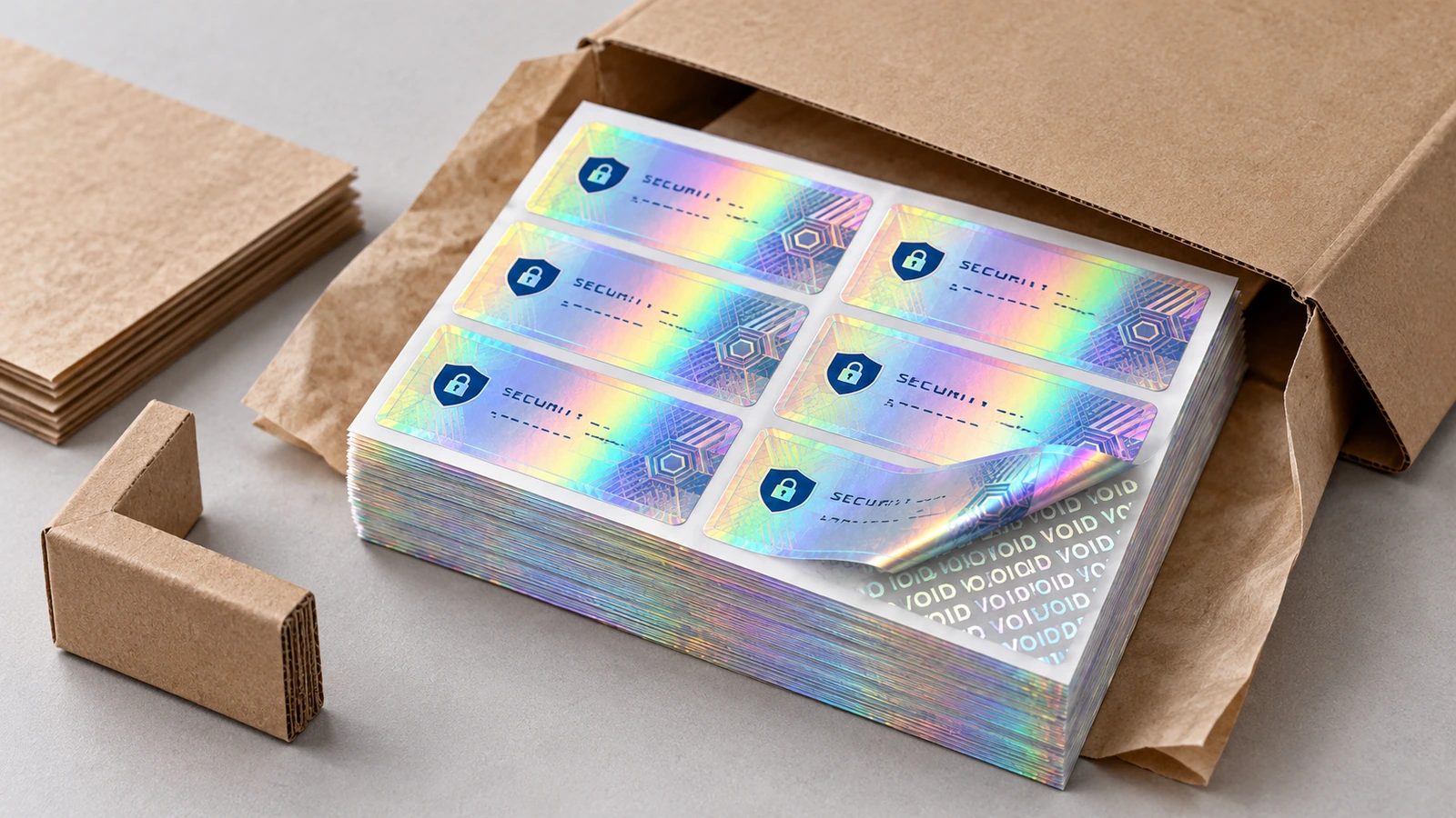 Ułożone arkusze hologramowych etykiet zabezpieczających w otwartej tekturowej kopercie wysyłkowej