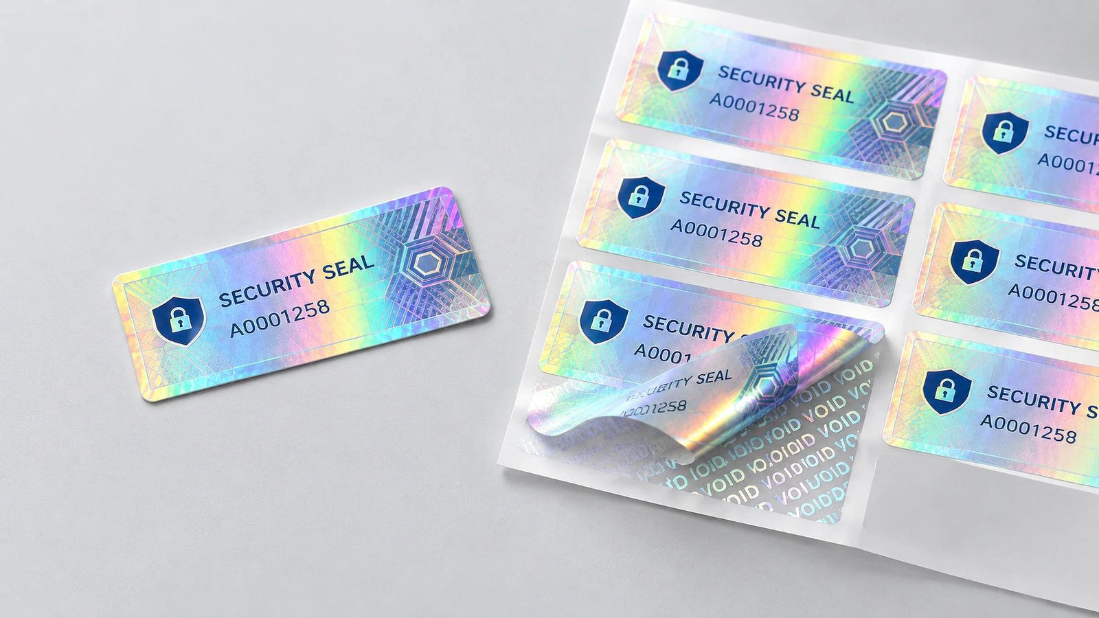 Pojedyncza hologramowa etykieta zabezpieczająca obok arkusza etykiet z odklejonym rogiem pokazującym wzór VOID