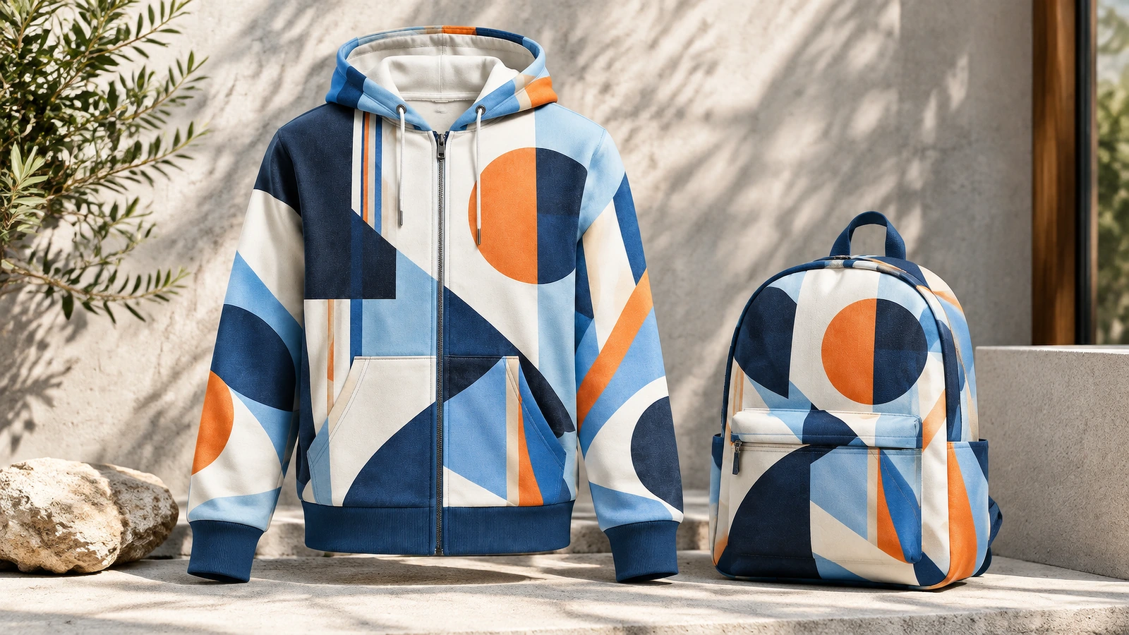 Geometryczna bluza z zamkiem wyeksponowana obok plecaka z pasującą niebiesko-pomarańczową grafiką